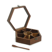 Sheesham Wood Hexagonal Spice Box With Spoon