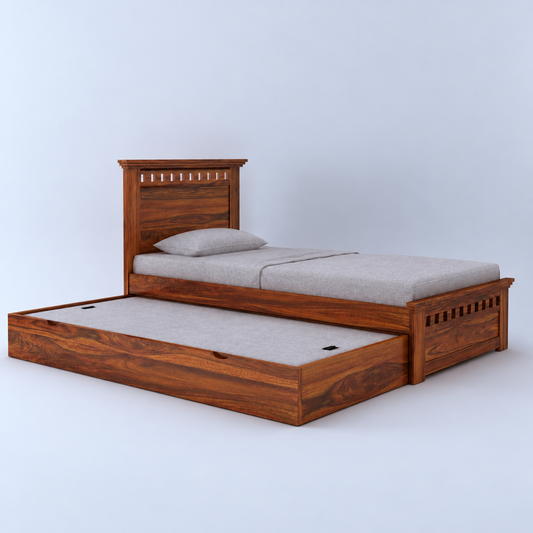 Sheesham Wood Single Size Trundle Bed with 1 Extra Pullout Bed for Bedroom Living Room (Natural Finish)
