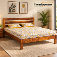 Solid Sheesham Wooden Double Bed with Slatted Headboard