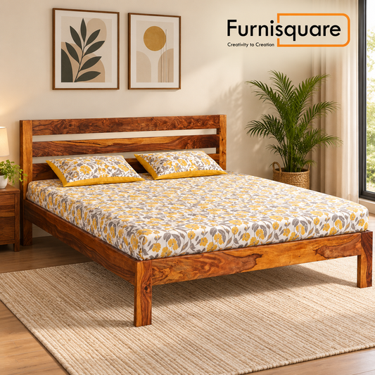 Solid Sheesham Wooden Double Bed with Slatted Headboard