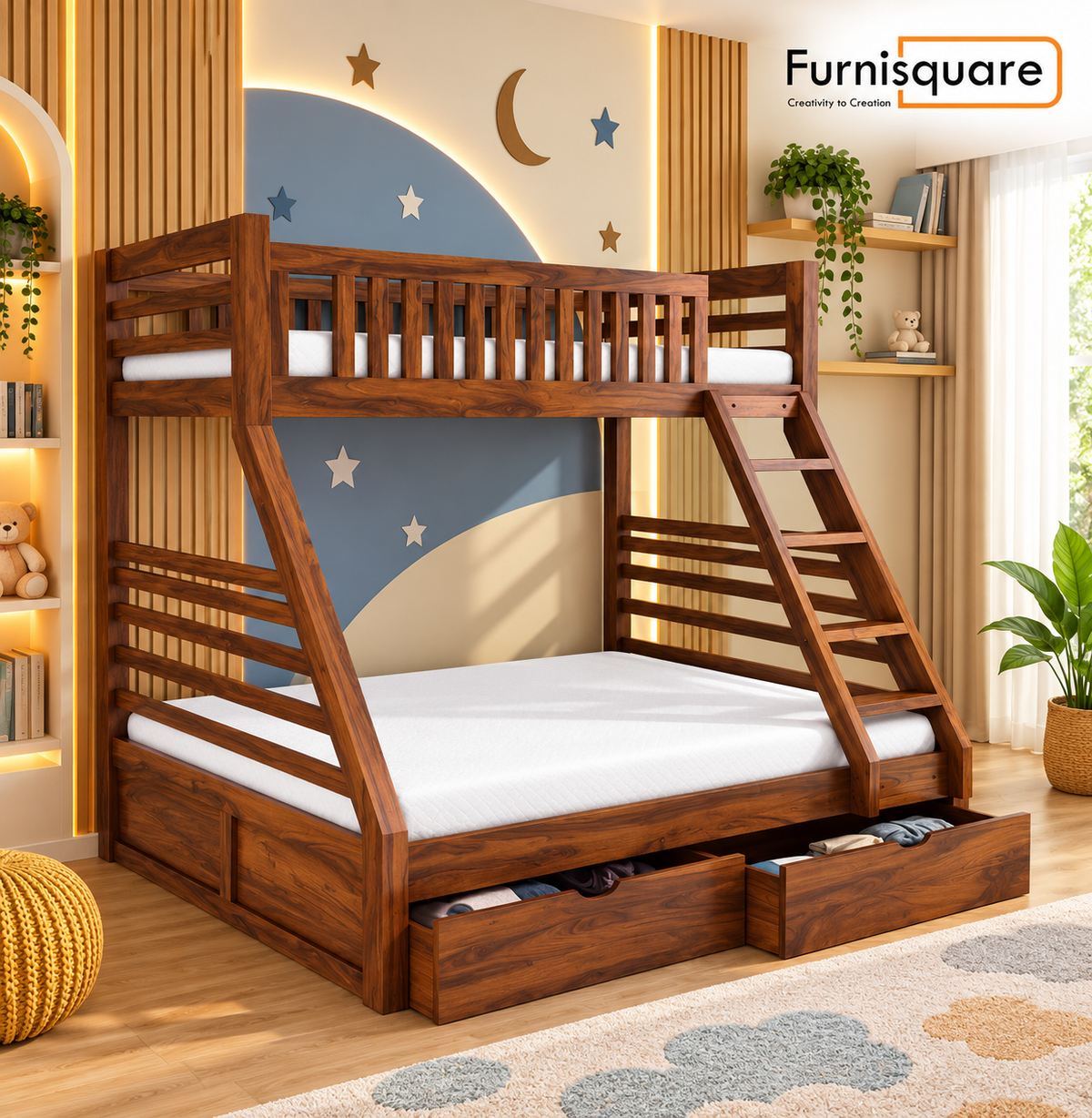 Solid Sheesham Wooden Bunk Bed with Storage Drawers
