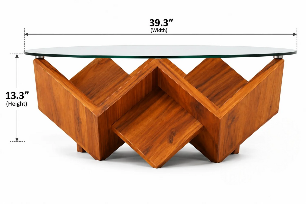 Solid Wood Round Glass Coffee Table with Geometric Wood Base