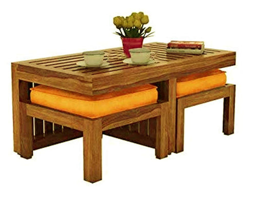 Sheesham Wood Coffee Table with 2 Stool for Living Room