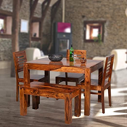 Wooden Dining Table 4 Seater Set with Bench for Dining Room