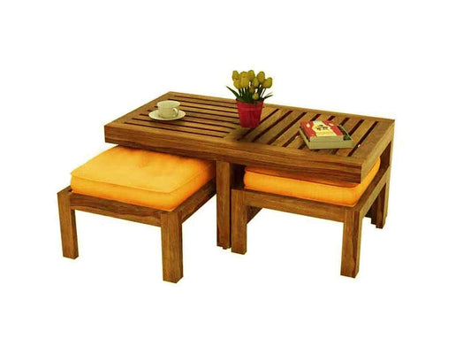 Sheesham Wood Coffee Table with 2 Stool for Living Room