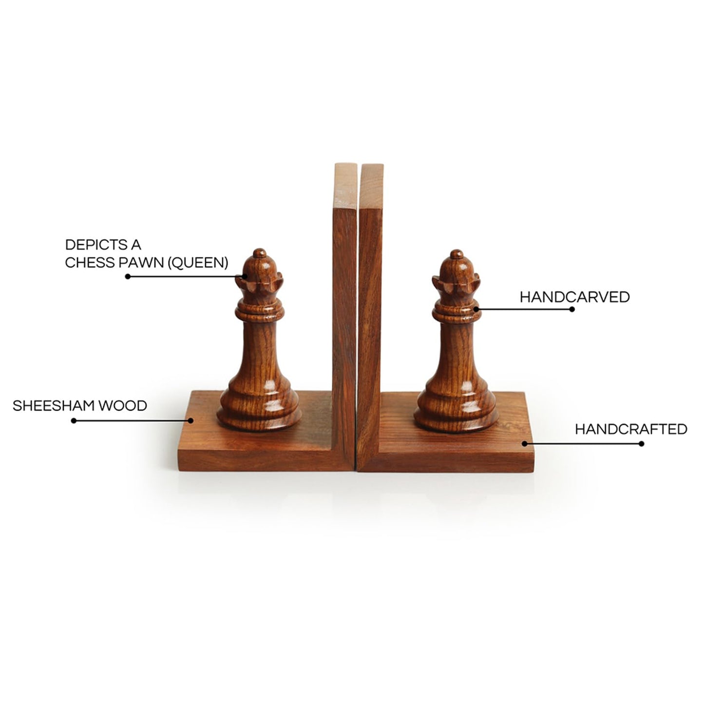 Sheesham Wood Chess Queen Bookends for Home Decor
