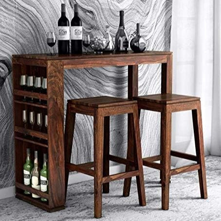 Solid Wood Long 2-Seater Bar Table with 3 Open Shelf Storage Sets for Bar Furniture