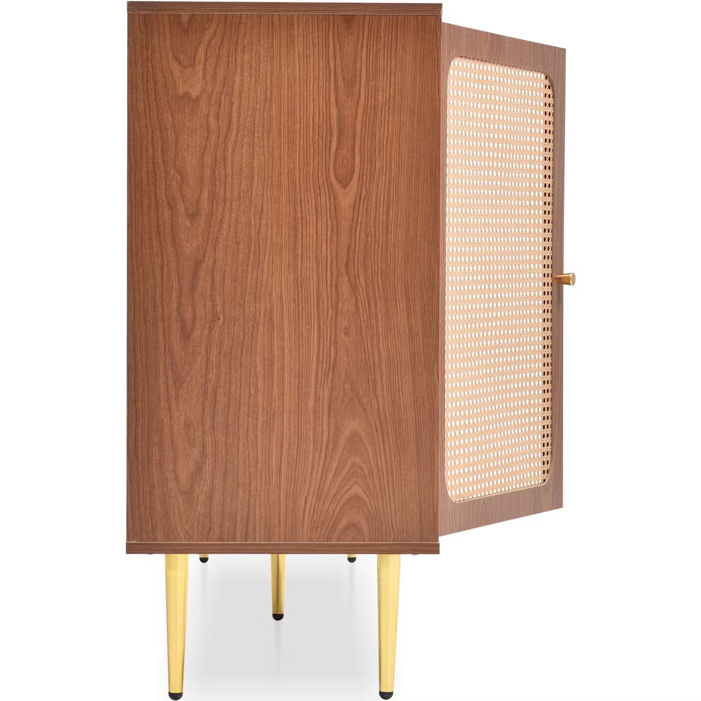 Solid Wood Rattan Sideboard Cabinet for Living Room in Walnut Finish