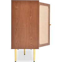 Solid Wood Rattan Sideboard Cabinet for Living Room in Walnut Finish