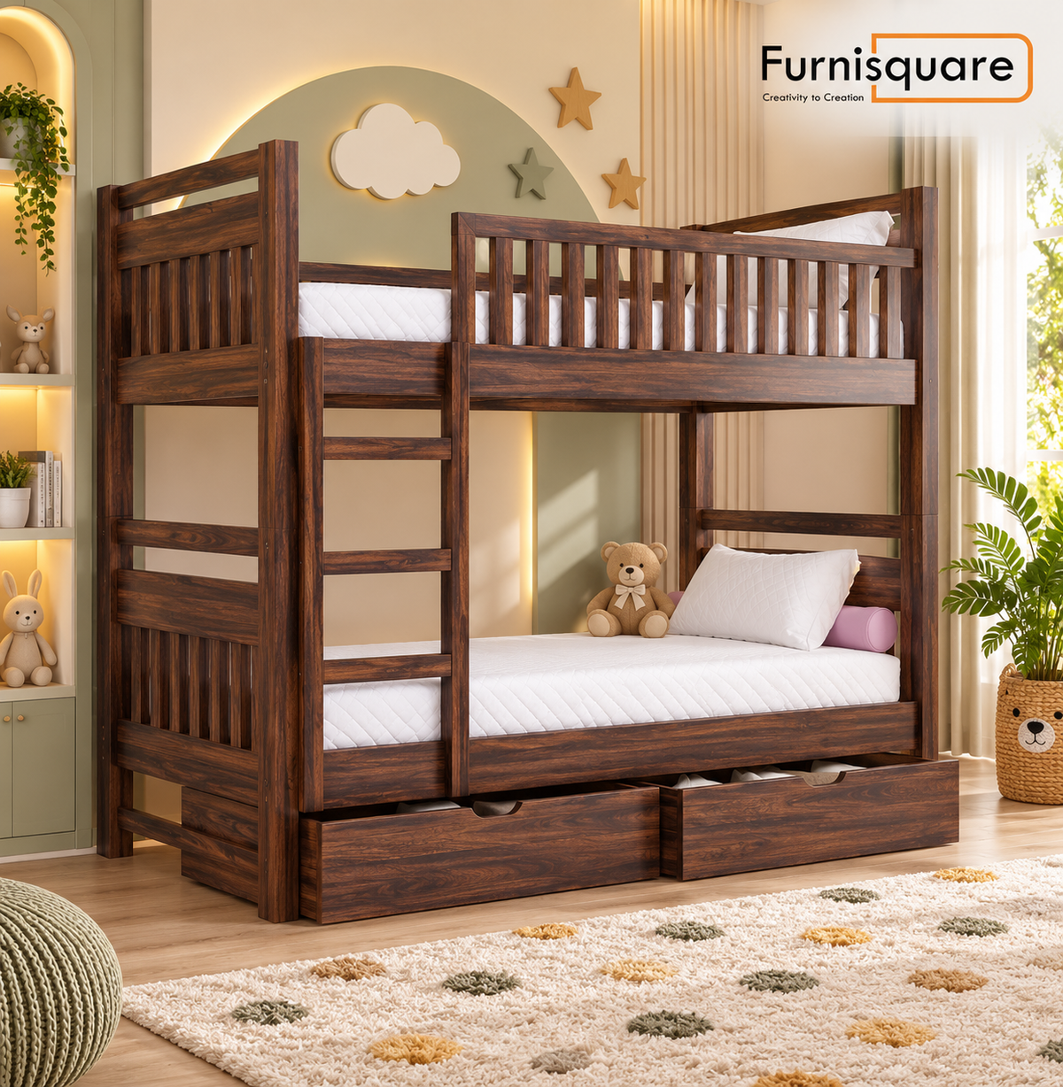 Wooden Bunk Bed with Underbed Storage Drawers