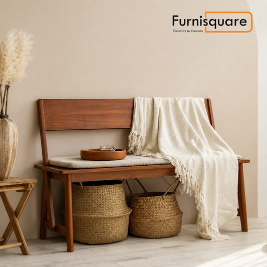 Wooden Bench with Upholstery Seat in Natural Finish