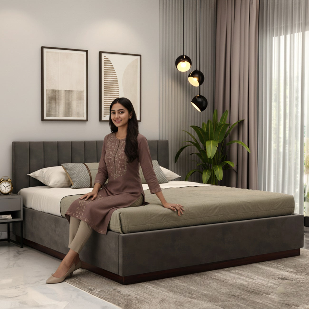 Queen Size Upholstered Bed with Cushioned Headboard