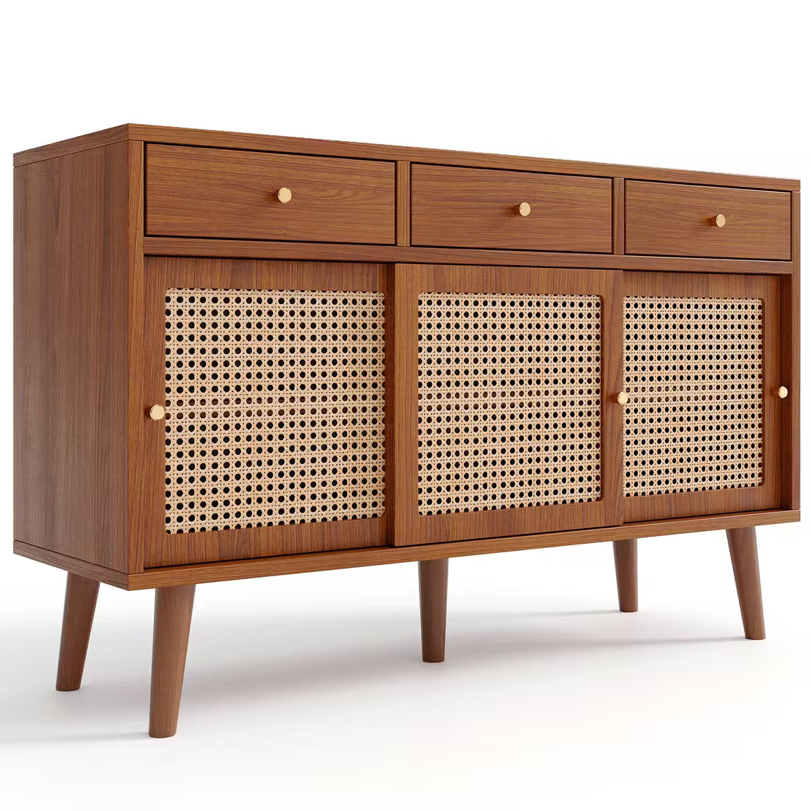Wooden Sideboard with Rattan Sliding Doors & Drawers