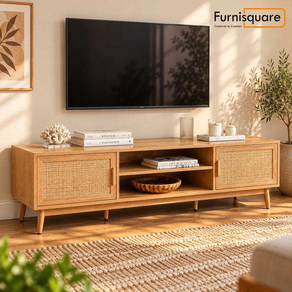 Wooden TV Cabinet for Entertainment Space in Rattan Design