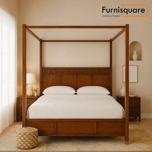 Wooden Poster Bed with Carved Wood Headboard for Bedroom