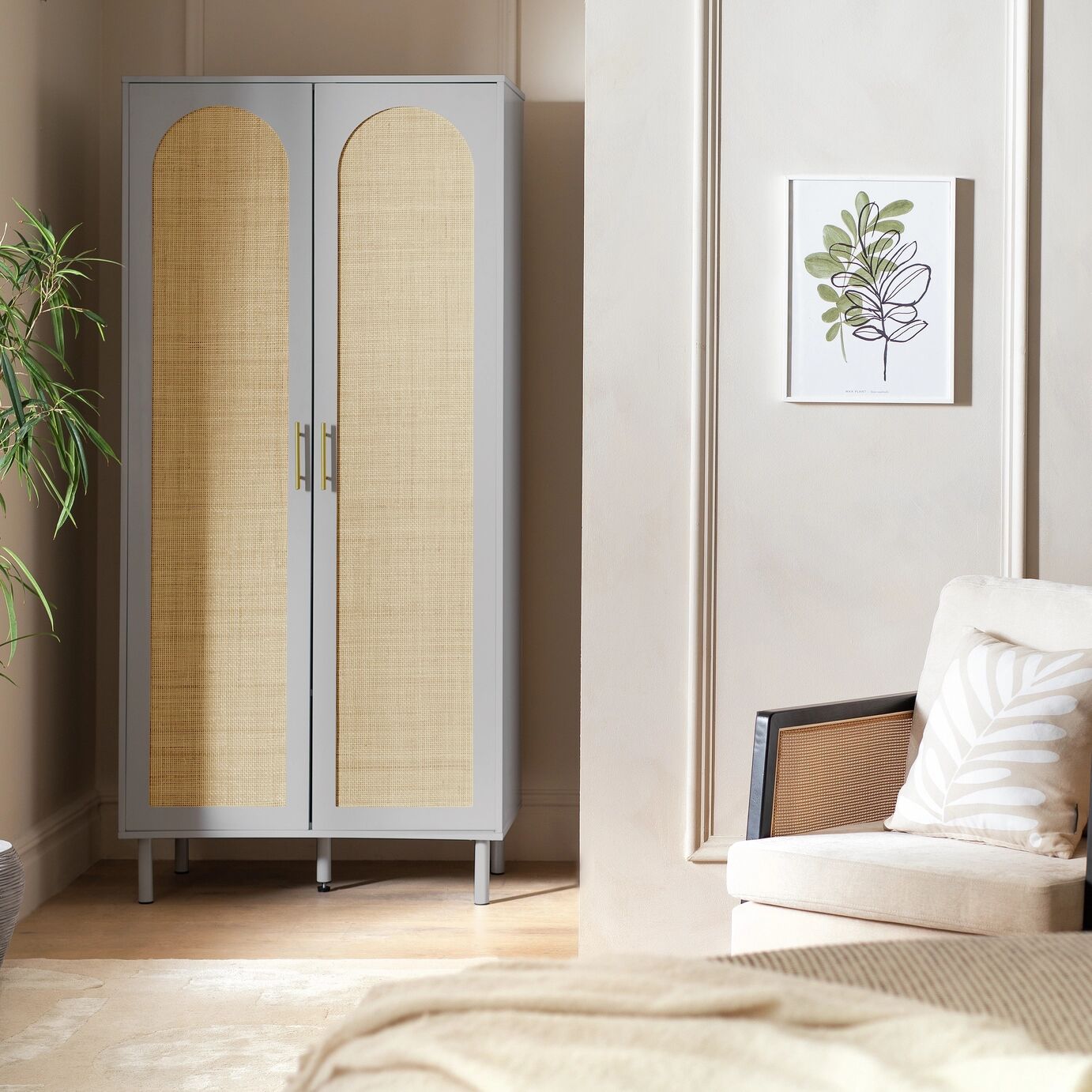 Solid Wood Wardrobe with Drawers in Rattan Design for Bedroom