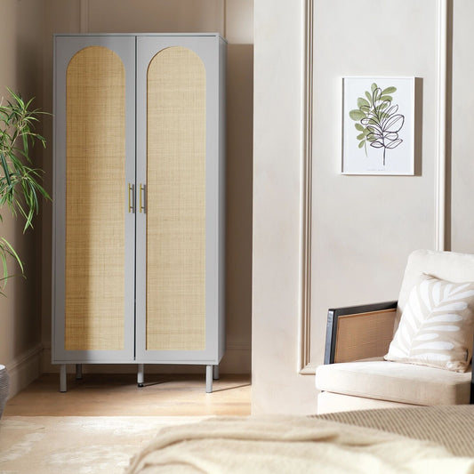 Solid Wood Wardrobe with Drawers in Rattan Design for Bedroom