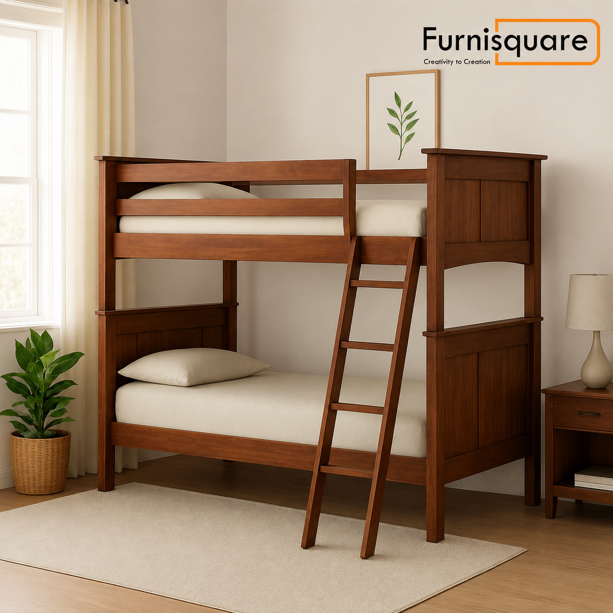 Wooden Bunk Bed with Angled Ladder