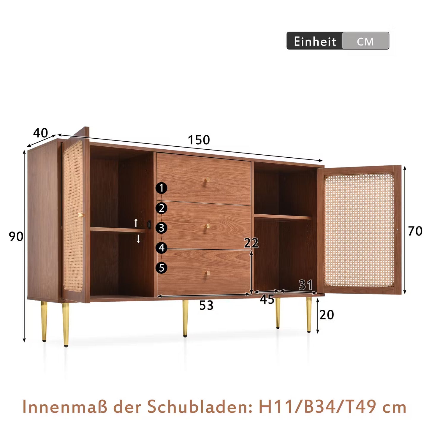 Solid Wood Rattan Sideboard Cabinet for Living Room in Walnut Finish