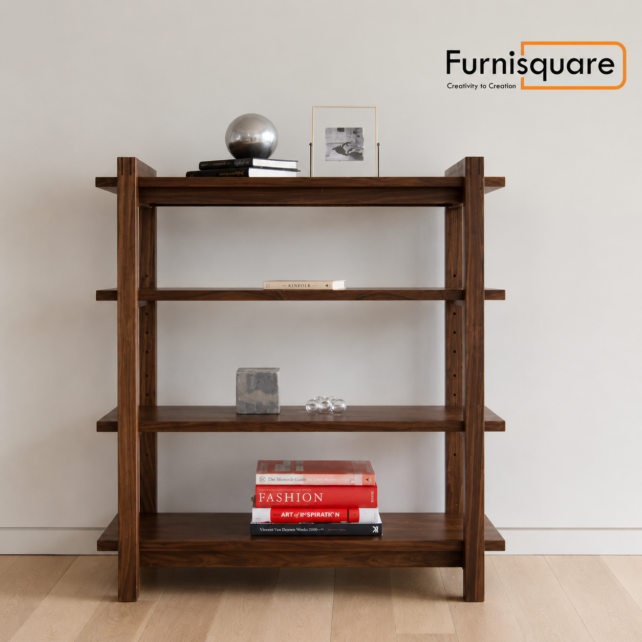 Solid Wood Bookshelf for Living Storage in Walnut Finish