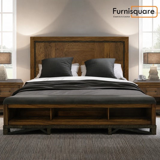 Solid Wood King Bed with Storage Bench and Headboard