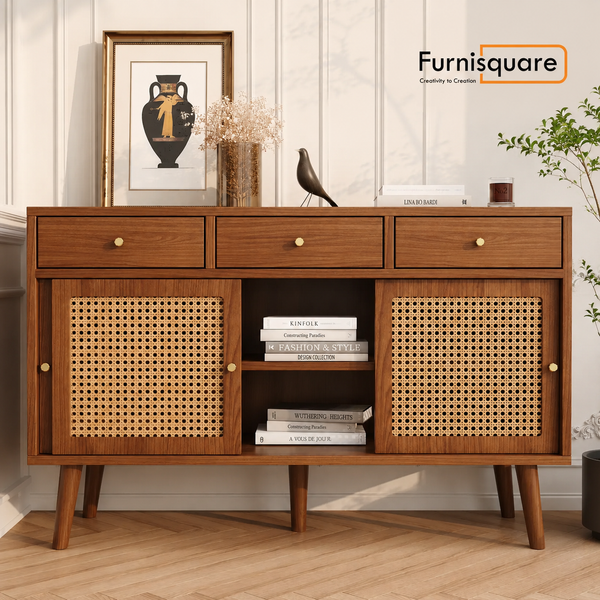 Wooden Sideboard with Rattan Sliding Doors & Drawers