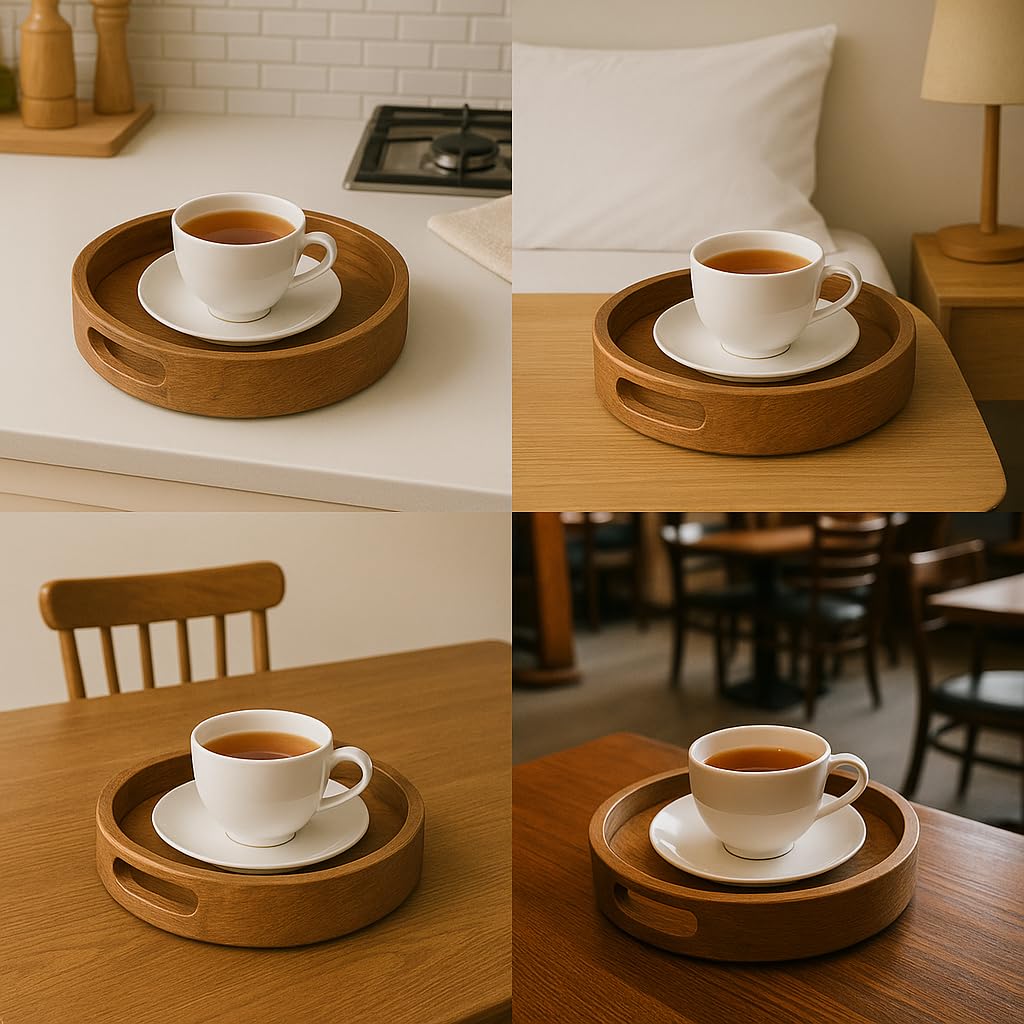 Wooden Round Serving Tray for Tea, Snacks & Coffee