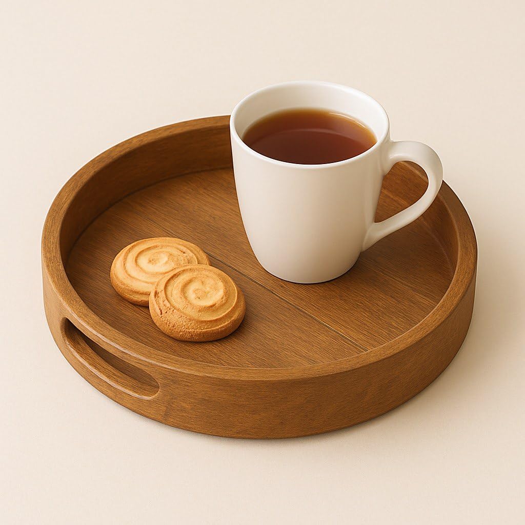 Wooden Round Serving Tray for Tea, Snacks & Coffee