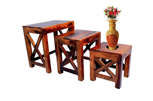 Wooden Nesting Tables Set of 3 Stools for Decor
