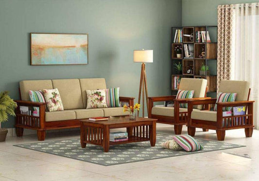 Wooden 5 Seater Sofa Set with Cushions for Living Room