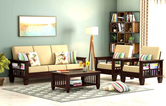 Solid Sheesham Wood 5 Seater Sofa Set with Cushions for Living Room