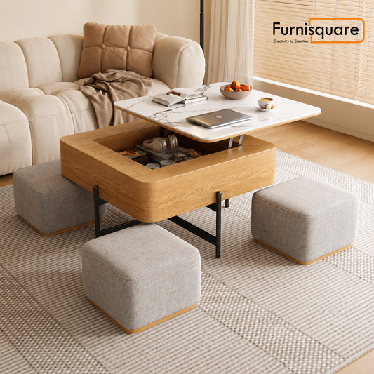 Wooden 4-Seater Coffee Table & Ottoman Set