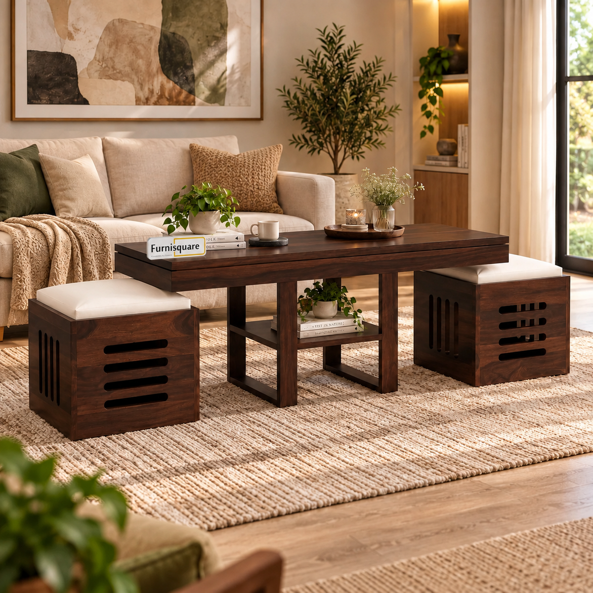 Wooden Coffee Table with Stool for Living Room