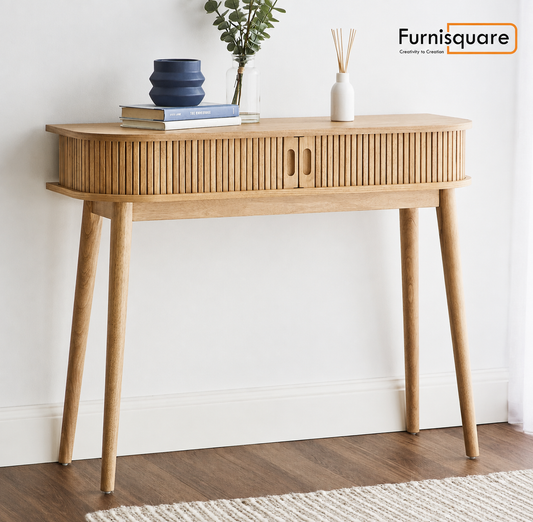 Solid Wood Console Table with Slatted Sides & Open Shelf