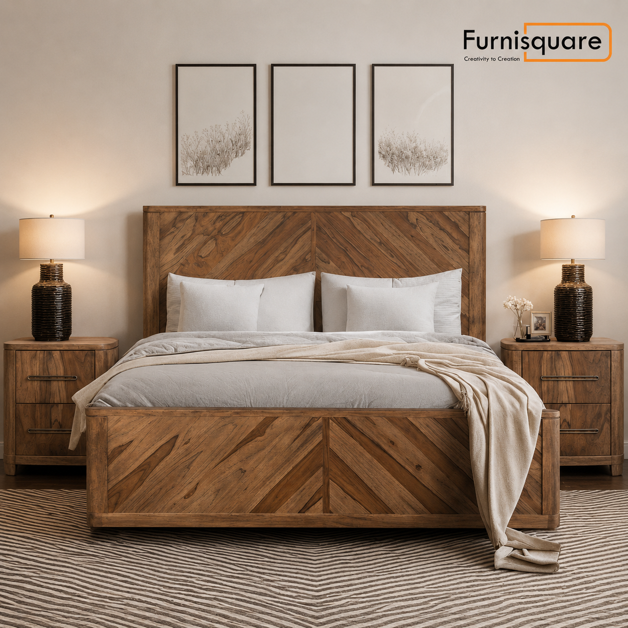 Wooden King Bed with Herringbone Wood Design