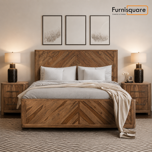 Wooden King Bed with Herringbone Wood Design