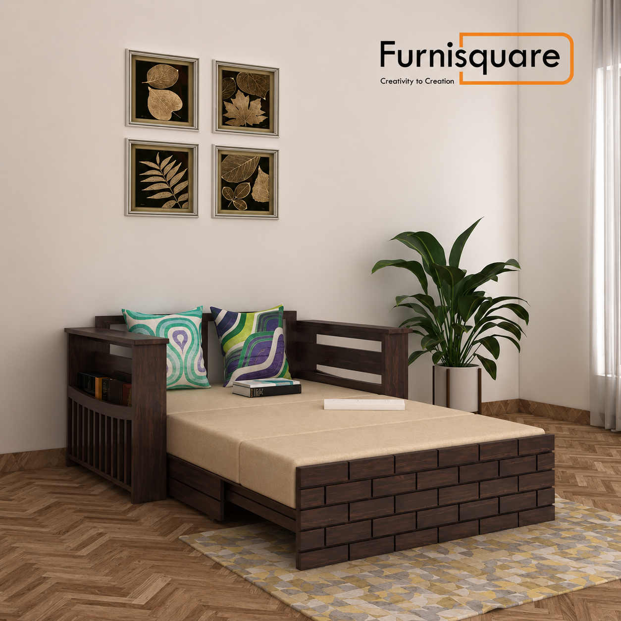 Solid Wood 2 Seater Sofa Cum Bed for Living Room Furniture