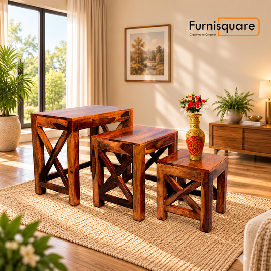 Wooden Nesting Tables Set of 3 Stools for Decor