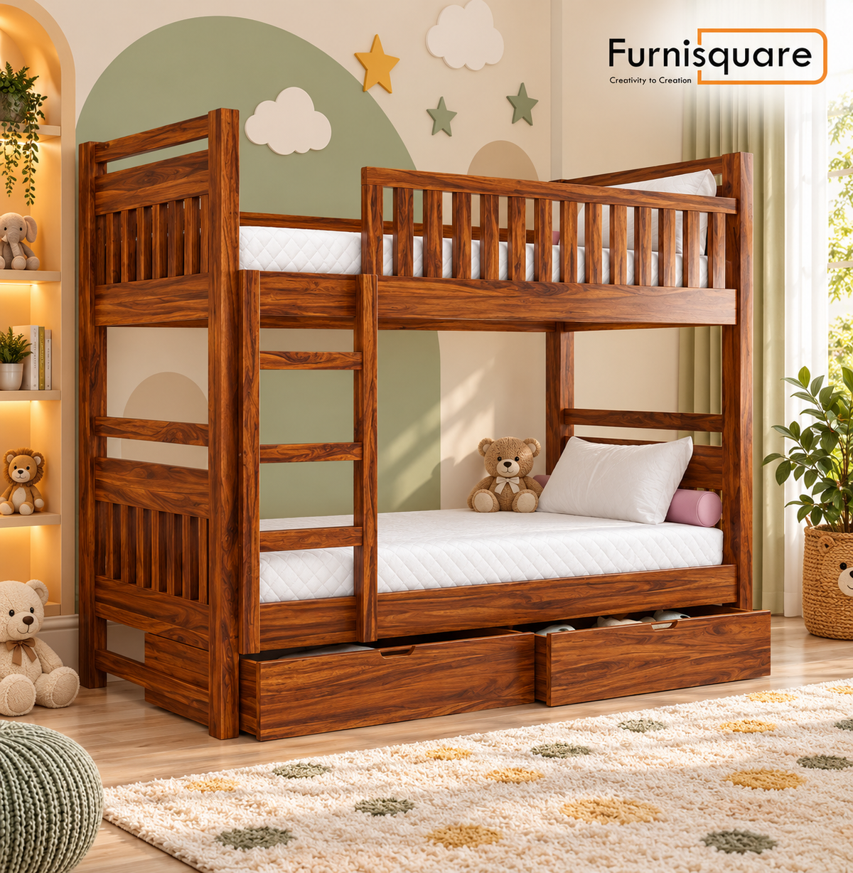 Wooden Bunk Bed with Underbed Storage Drawers
