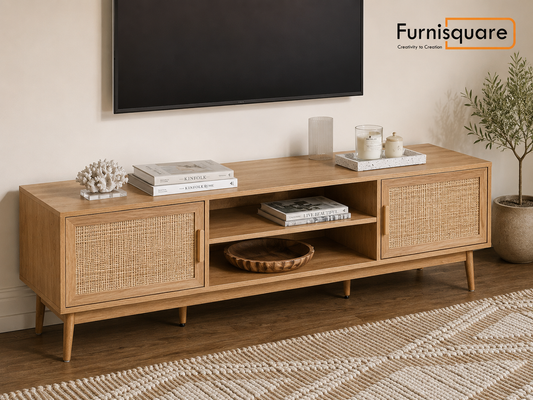 Wooden TV Cabinet for Entertainment Space in Rattan Design