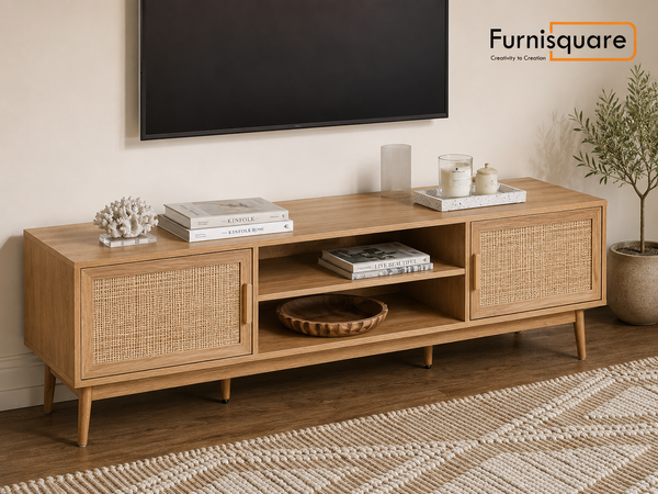 Wooden TV Cabinet for Entertainment Space in Rattan Design