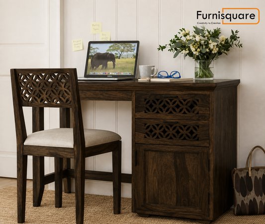 Wooden Study Table with Drawers Storage in Walnut Finish