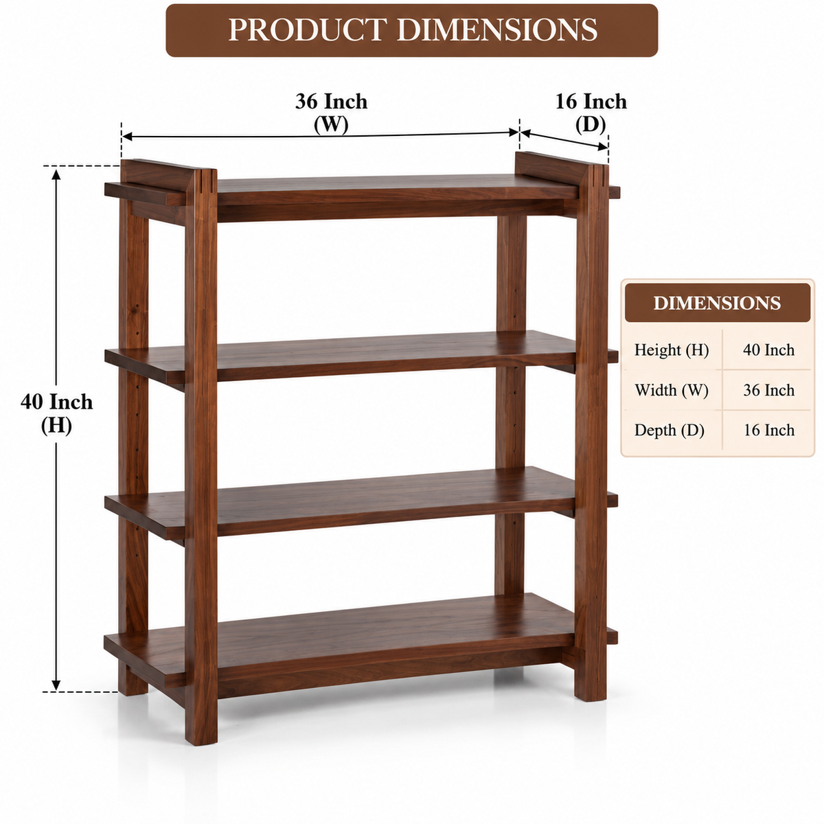 Solid Wood Bookshelf for Living Storage in Walnut Finish