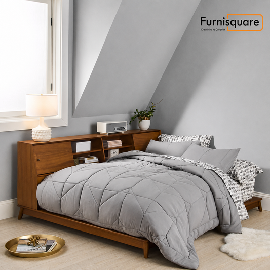 Solid Wood Platform Bed with Built-in Headboard Storage