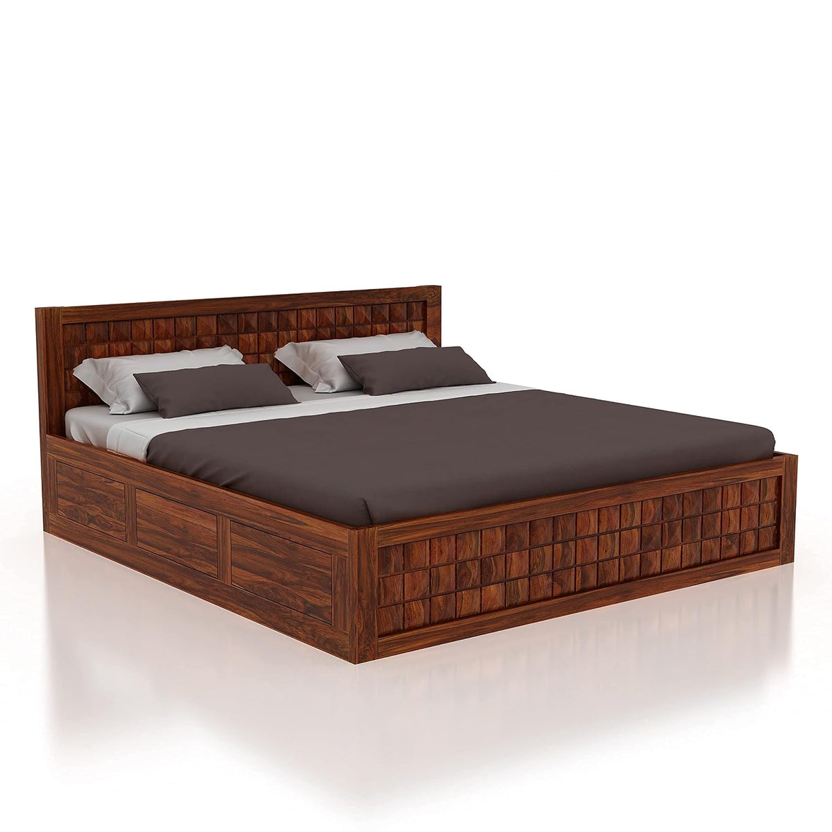 Solid Sheesham Wood Queen Size Bed with Storage | Wooden Double Bed Cot Bed with Box Storage for Bedroom | Diamond Design Bed with Storage