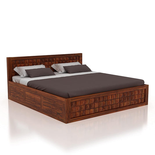 Solid Sheesham Wood Queen Size Bed with Storage | Wooden Double Bed Cot Bed with Box Storage for Bedroom | Diamond Design Bed with Storage