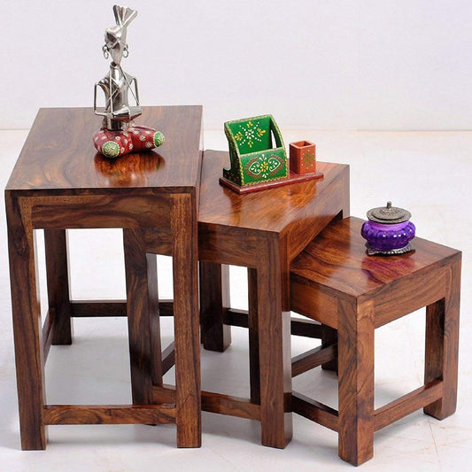 Wooden Nesting Tables Set of 3 Stools for Decor & Living Room
