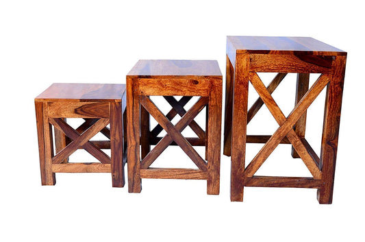 Wooden Nesting Tables Set of 3 Stools for Decor