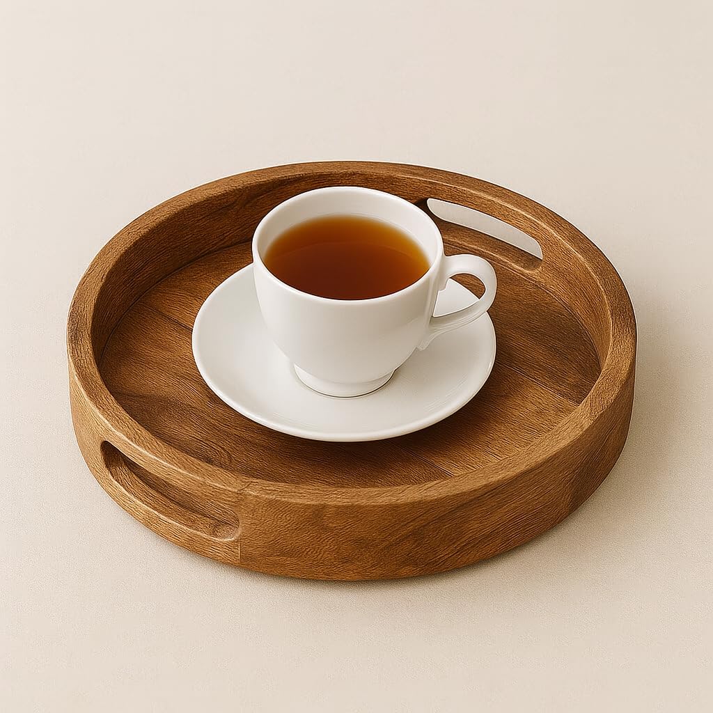 Wooden Round Serving Tray for Tea, Snacks & Coffee