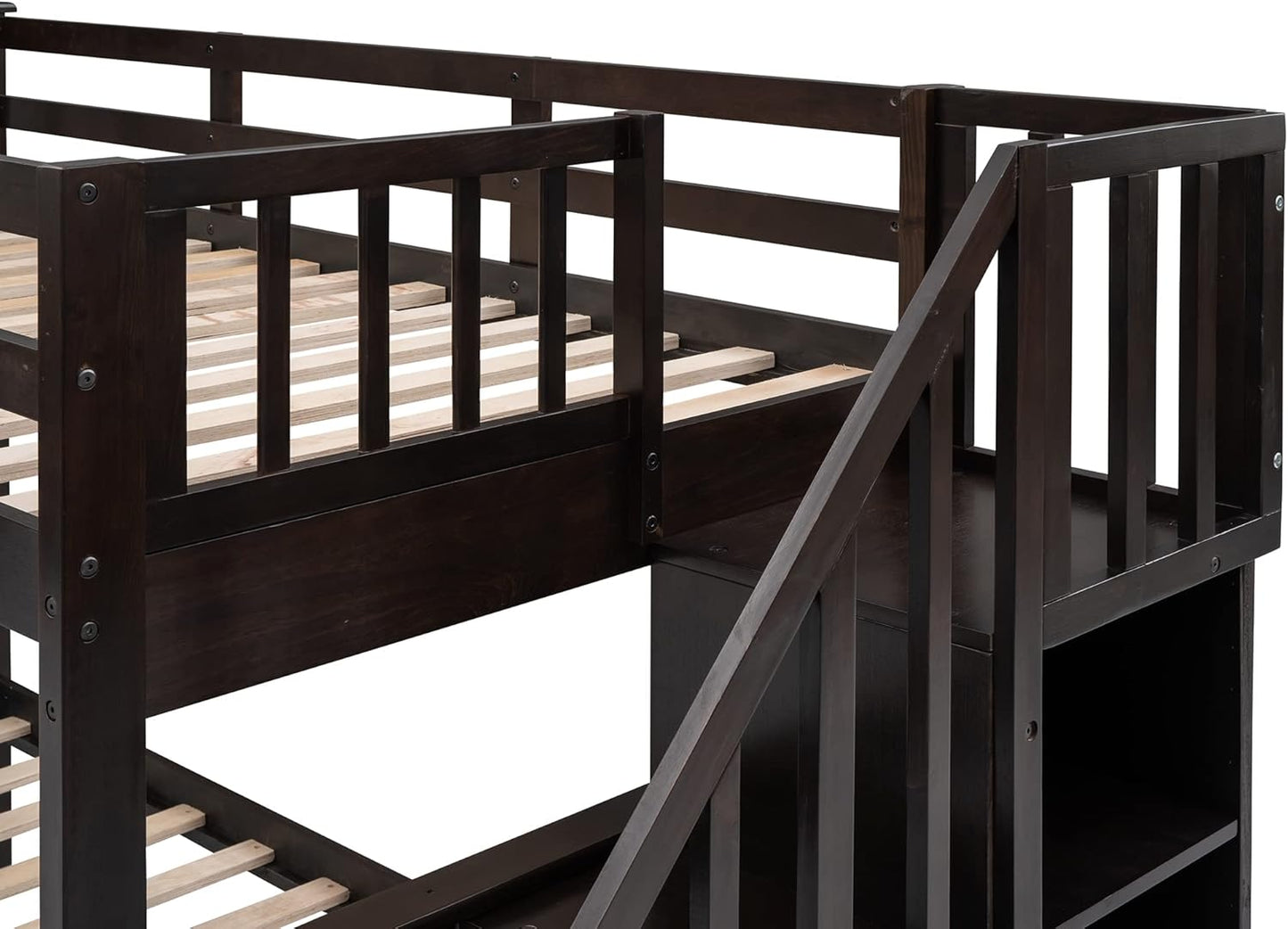 Solid Wood Bunk Bed with Stairs and Storage